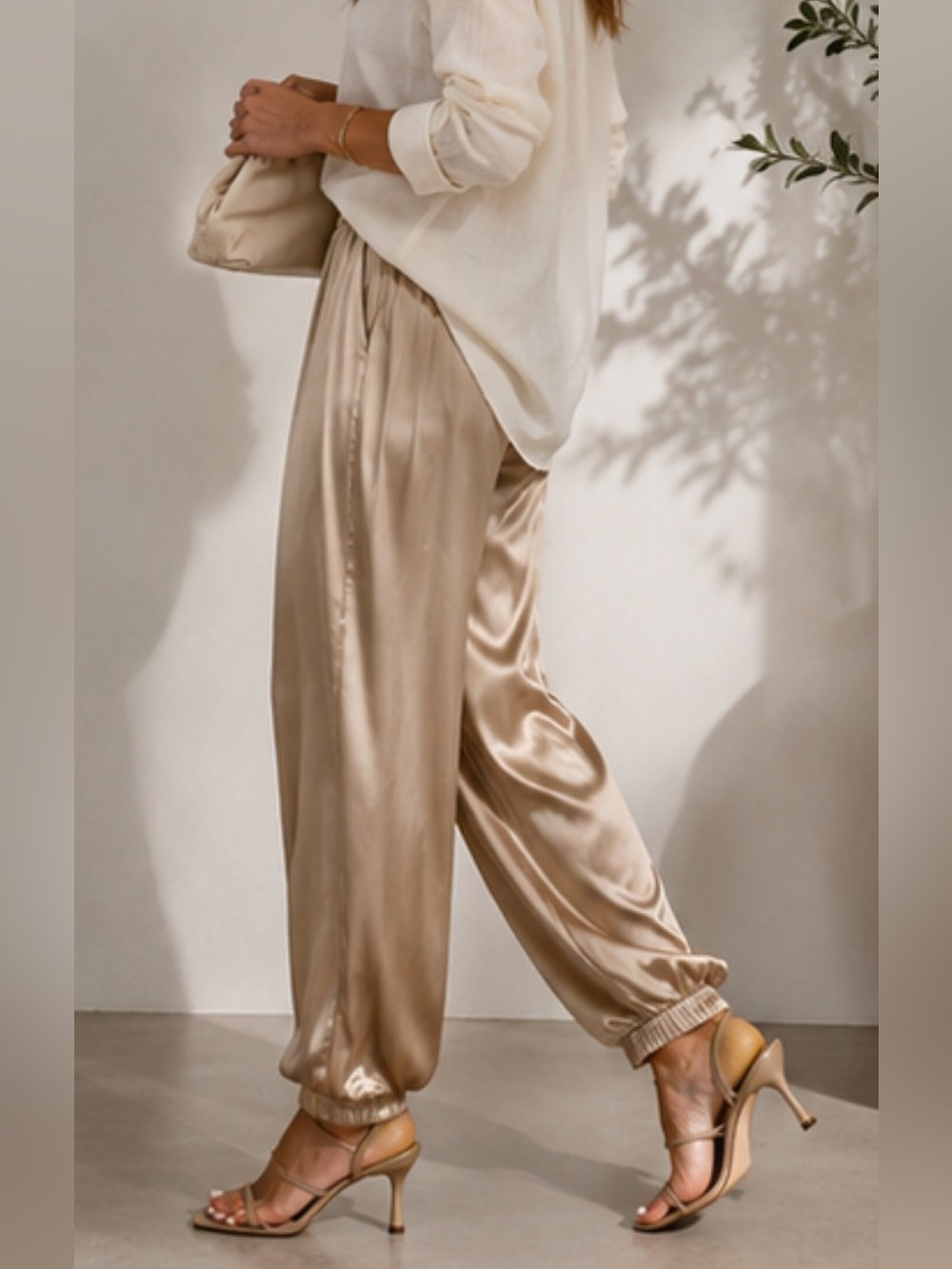 NWOT Zara Collection Satin Balloon Bomber Jogger Pants Champagne Cream Beige L